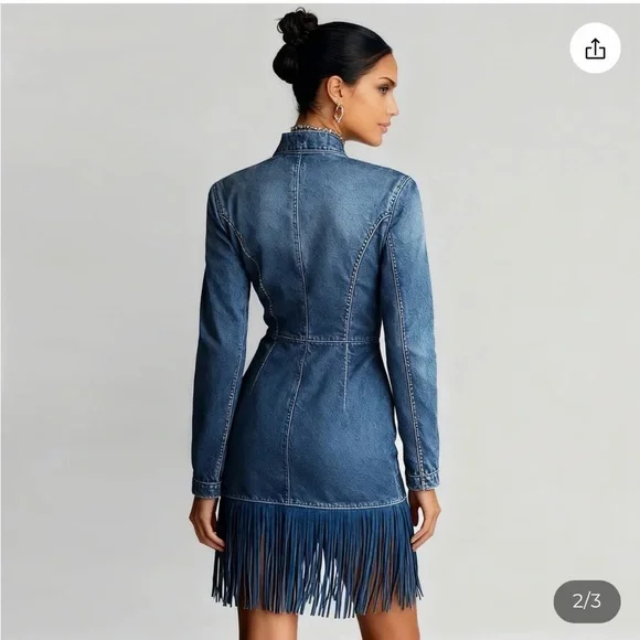 Elegant Blue Denim Fringe Dress - Picture 3 of 6